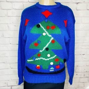 Vintage blue and green Christmas tree knit sweater
